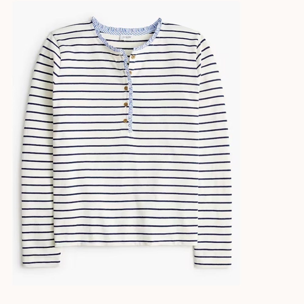 J crew ivory blue Striped ruffle-collar henley